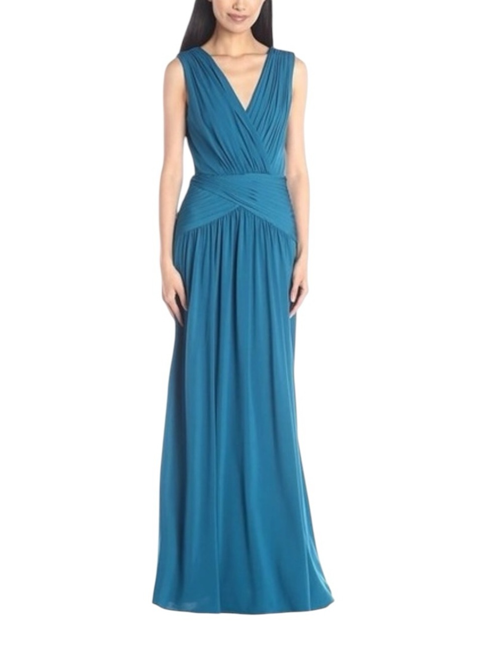 BCBG Max Azria - Kaeya Evening Gown Teal Blue Ruched Sleeveless Maxi Dress Sz L